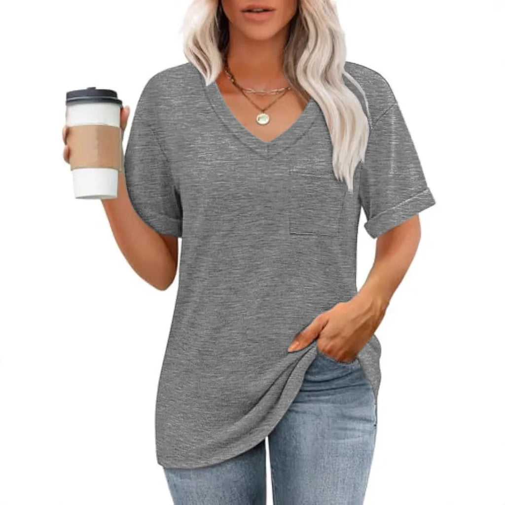 Grey men's loose V-neck t-shirt with a chest pocket on a solid background.