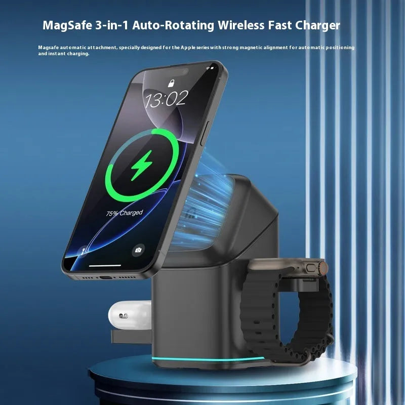 Black and silver magnetic wireless charging stand with 180 degree rotation and Type-C cable for mobile phones