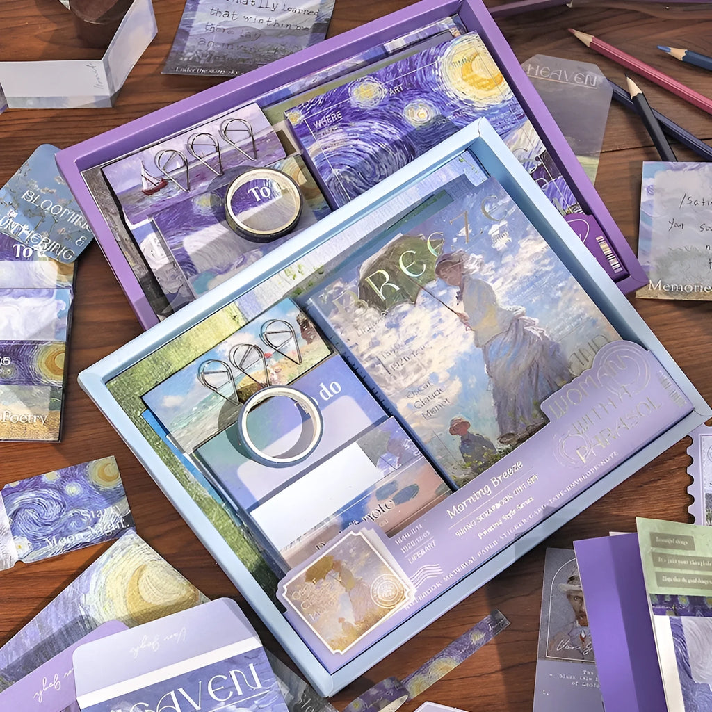 Creative journal gift box containing A6 grid notebook with bookclothes, paper sheets, cards, photo frames, stickers, and stationery accessories