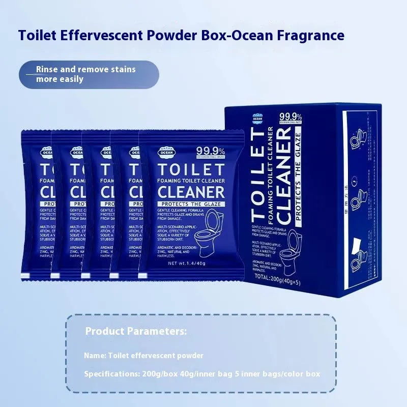 Box and sachets of effervescent toilet bubble cleaning powder in blue ocean and pink floral fragrance options