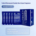 Box and sachets of effervescent toilet bubble cleaning powder in blue ocean and pink floral fragrance options