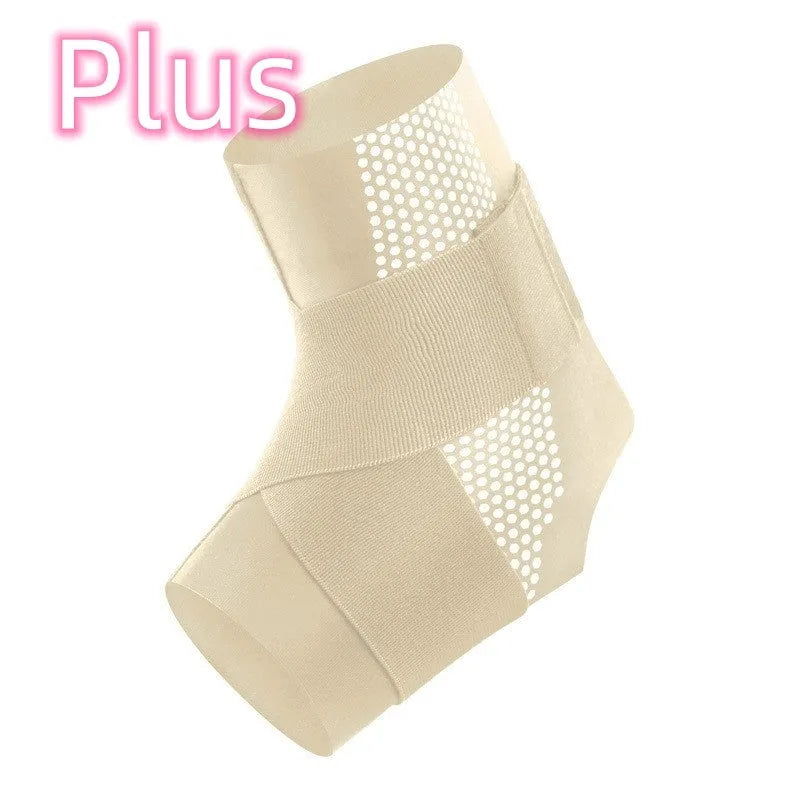 Black Lycra ankle support brace shown on adult ankle with adjustable sizing tab visible