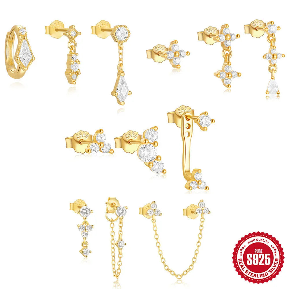 S925 sterling silver geometric zircon tassel earrings for women, three-piece set in gold colour options
