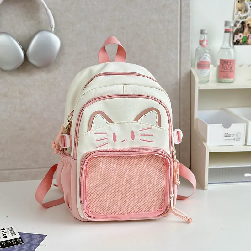 Korean cartoon anime style large capacity nylon backpack in various colours with curved shoulder straps.