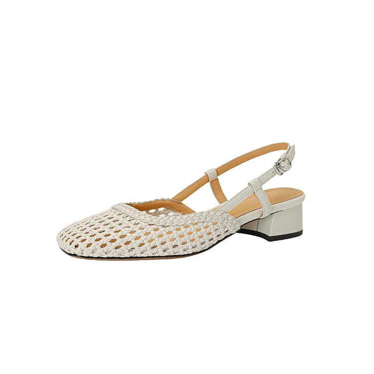 Women's beige woven square-toe sandals with a belt buckle and chunky heel on a white background.