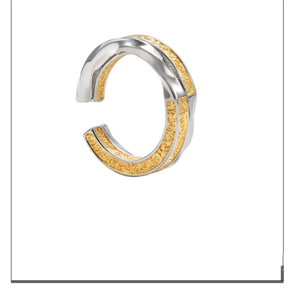 Adjustable 925 silver ring with gold and silver colour blocked Tang grass pattern and open band