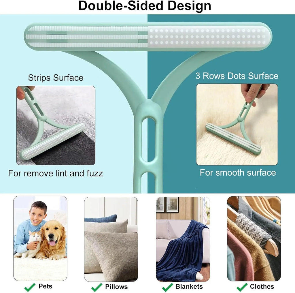 Three reusable pet hair removal tools: a metal lint shaver, a silicone brush, and a round scraper for sofas and cars.