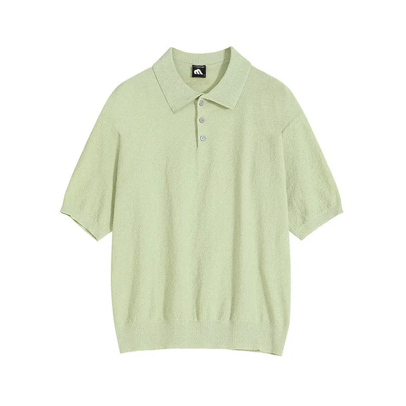 Men's caramel coloured retro asymmetric knitted polo shirt on a hanger, loose fit short sleeve.