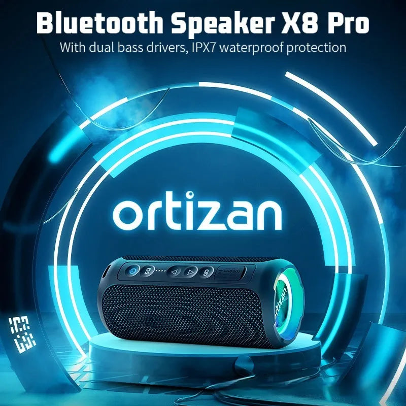 Black and blue fabric wireless Bluetooth speaker with luminous LED lights