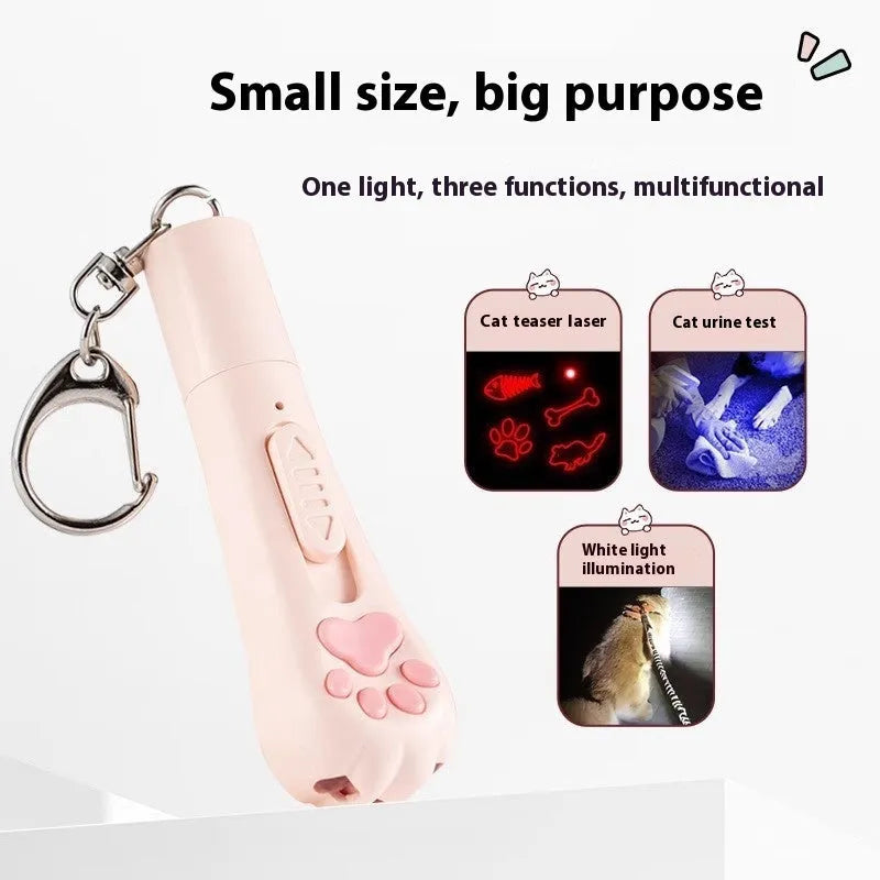 Cat teasing pen light toy with LED light in cream white, pink, or blue plastic