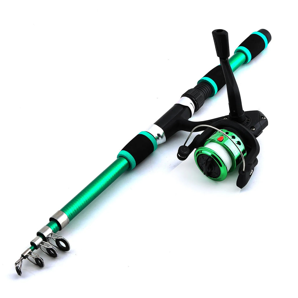 Children's fishing rod with pole and wheel in blue, green, red, or yellow colours