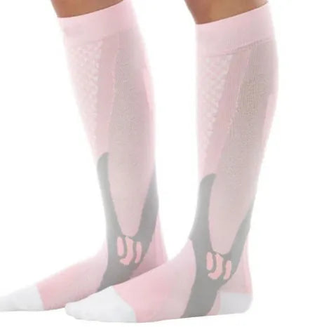 A pair of graduated compression socks for men and women in an athletic style, shown in a colour option like black or blue.