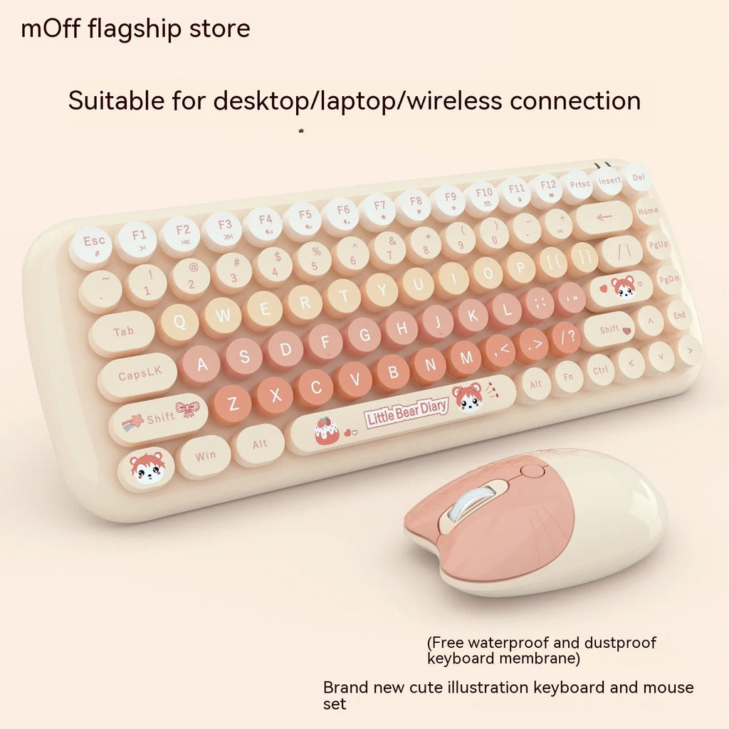 Compact pink wireless keyboard and mouse set with USB receiver on a desk