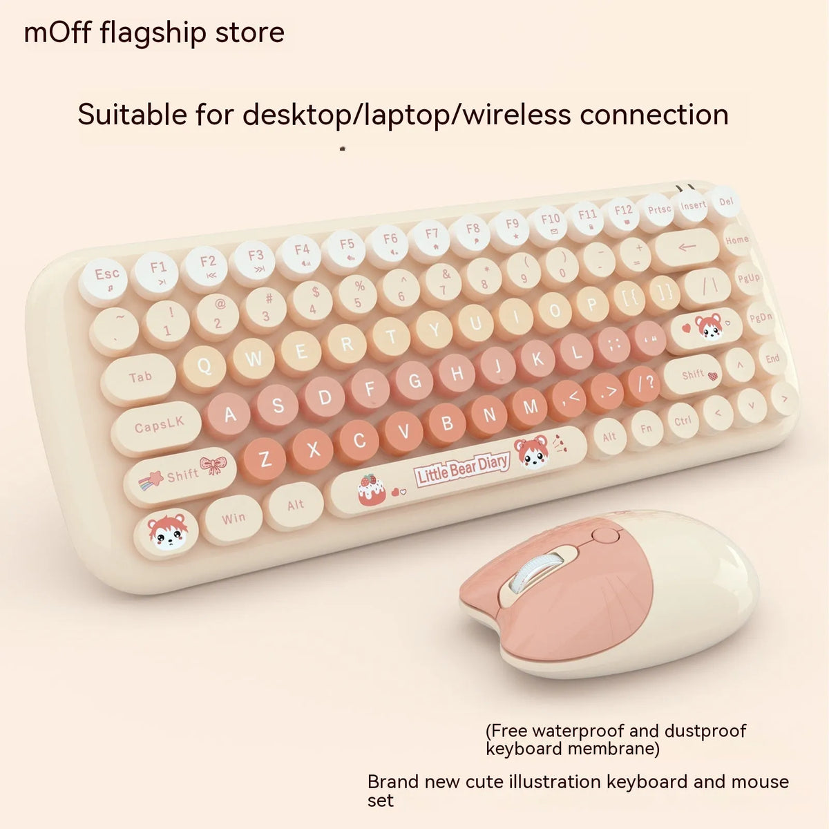Compact pink wireless keyboard and mouse set with USB receiver on a desk