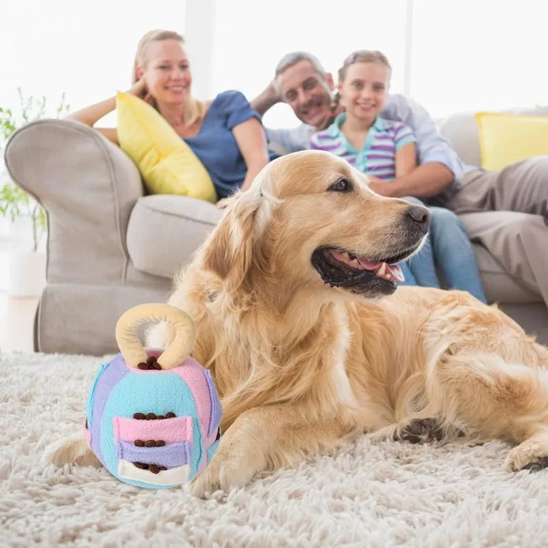 Green and pink dog plush ball squeaky toy with treat pockets for small to medium dogs.