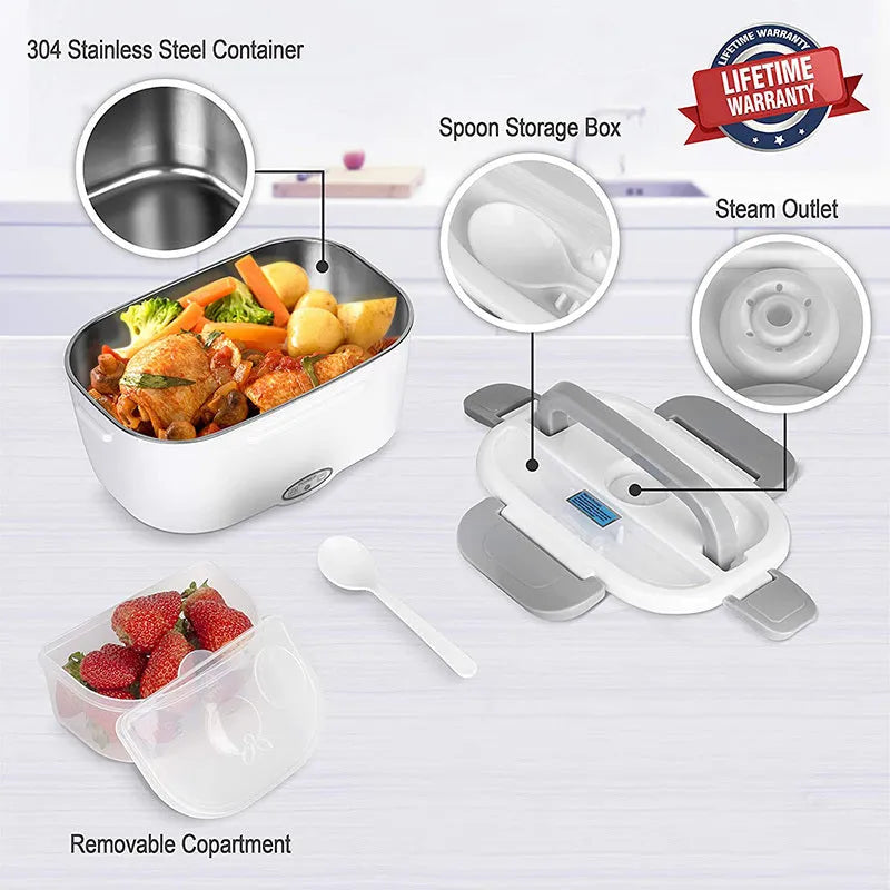 Grey electric lunch box with dual power for car and home use showing plastic body with stainless steel interior