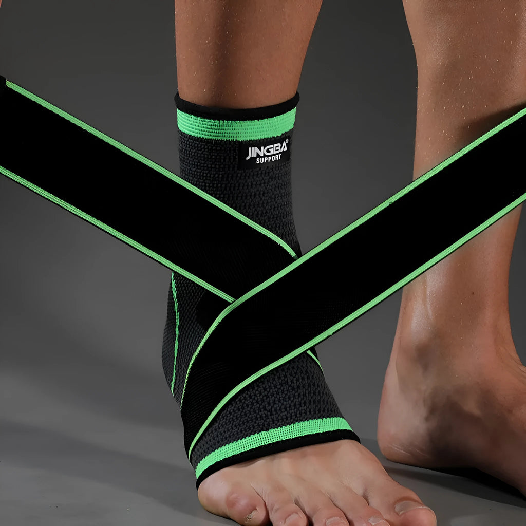 Adjustable sports ankle support in black colour showing strap closure system