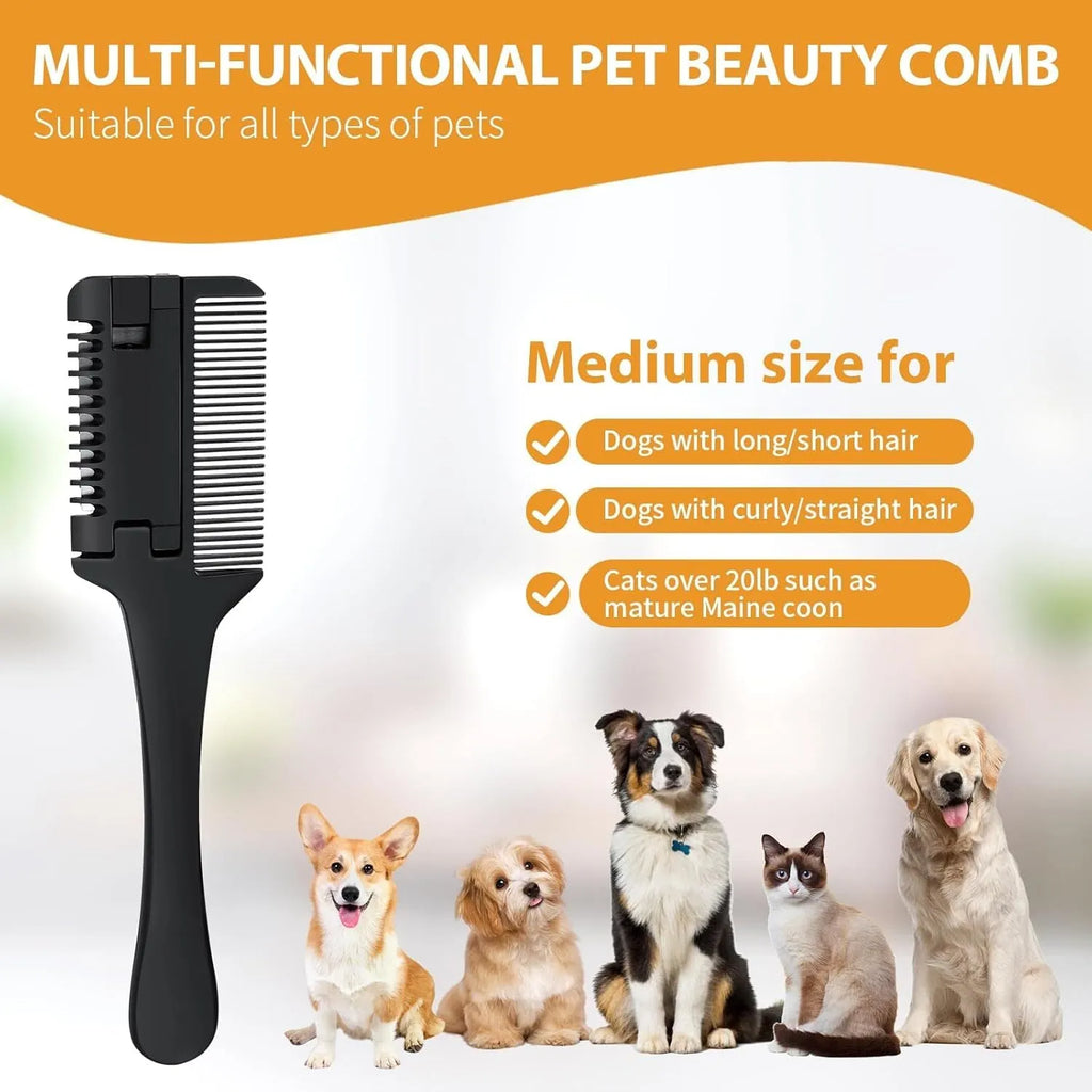 A silver and black 2-in-1 razor comb and brush for grooming dogs and cats, shown with replacement blades.