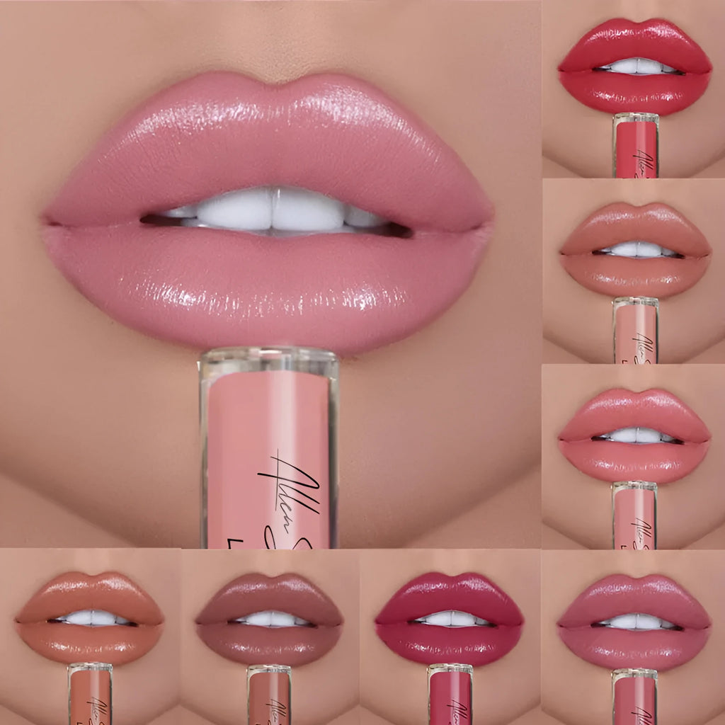 Silky cream texture lip gloss in bullet form showing colour options 1 to 12