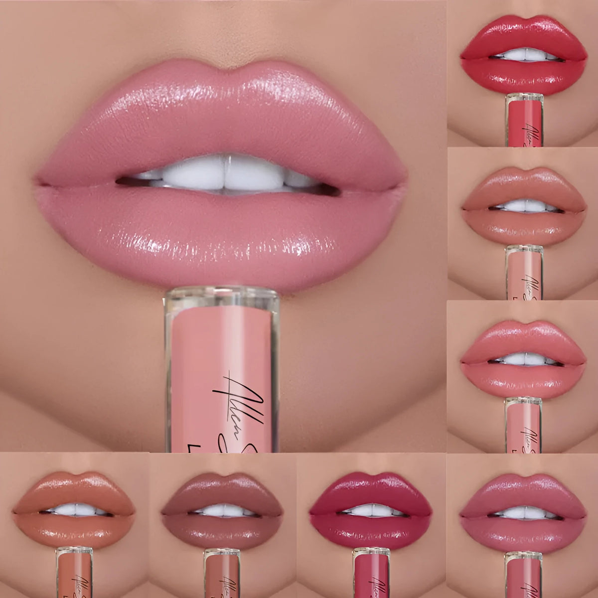 Silky cream texture lip gloss in bullet form showing colour options 1 to 12