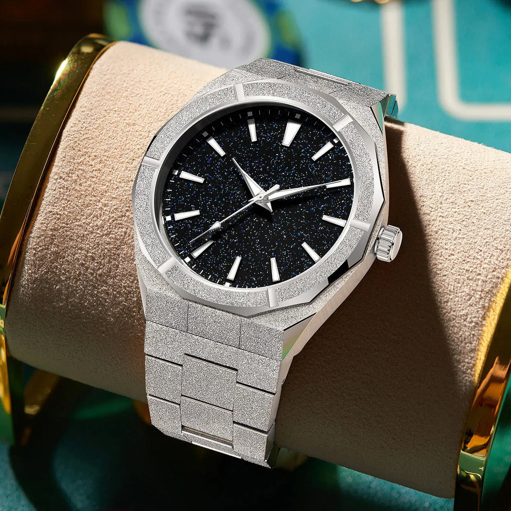 Men's silver frosted stainless steel business watch with luminous dial on a black background.