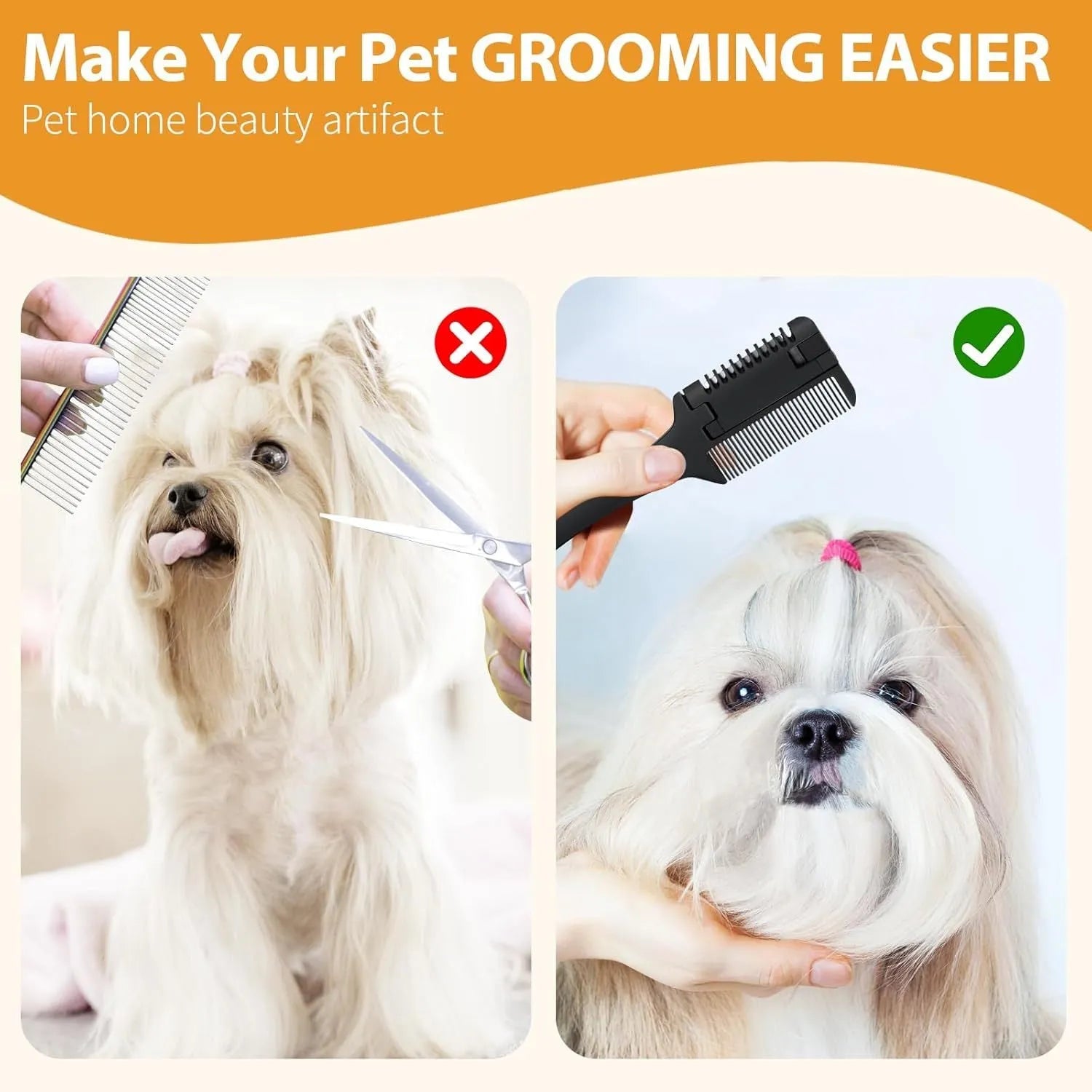 A silver and black 2-in-1 razor comb and brush for grooming dogs and cats, shown with replacement blades.