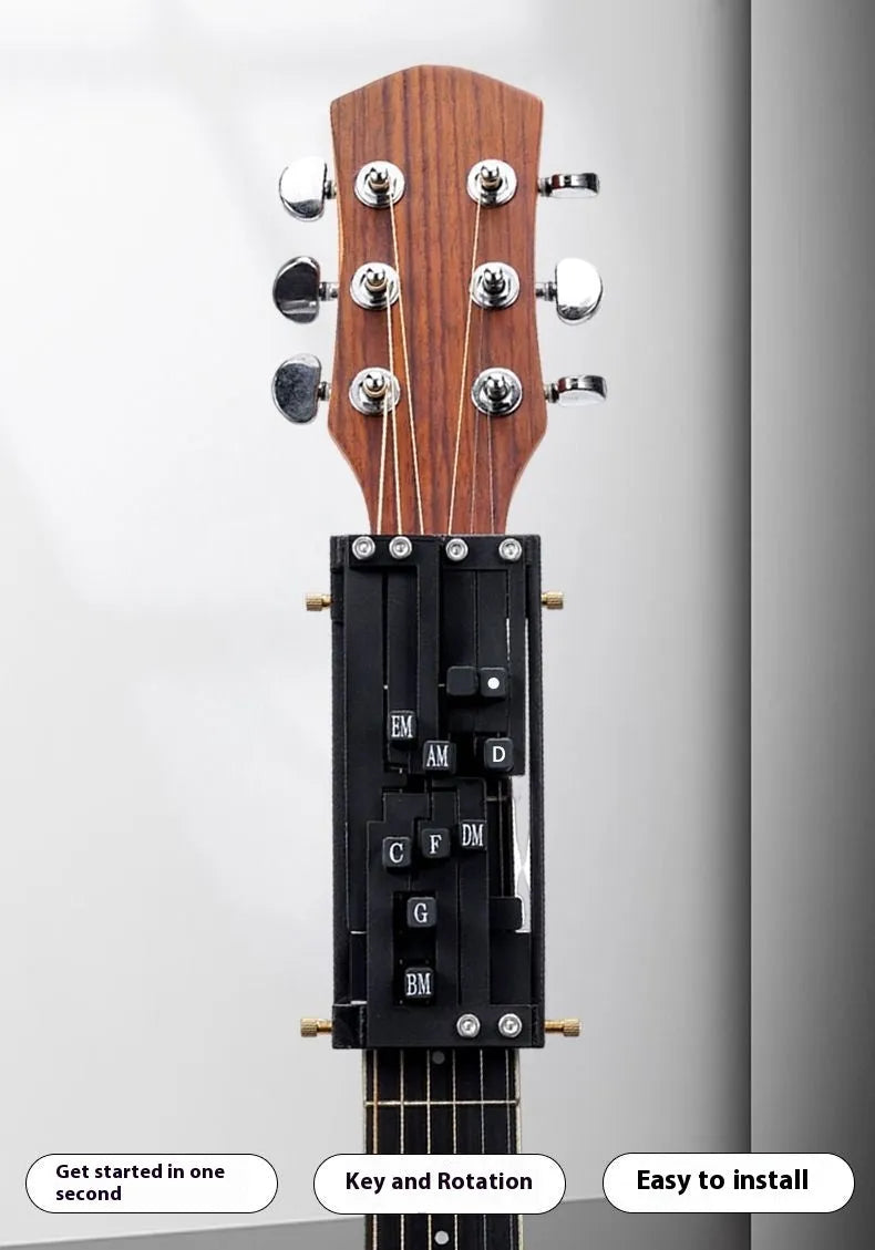 Black automatic guitar chord device for folk playing practice with double chord functionality