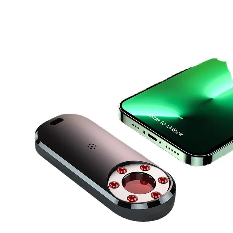 Portable infrared anti-spy detector device showing compact design with dimensions 91mm by 37mm by 13mm