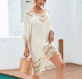 Apricot crocheted patchwork beach dress with regular sleeves and mid-length skirt