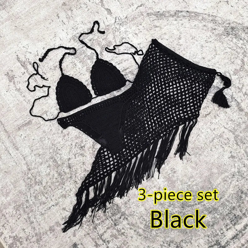 Women's 3-piece handmade crochet bikini set with skirt cover-up in solid colour acrylic fibre