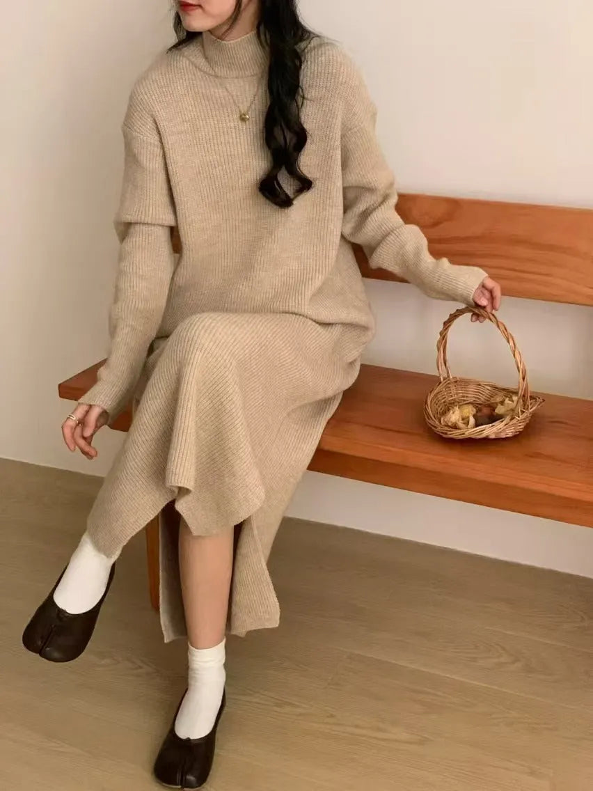 Half turtleneck acrylic knitted dress in midi length with long sleeves and high waist