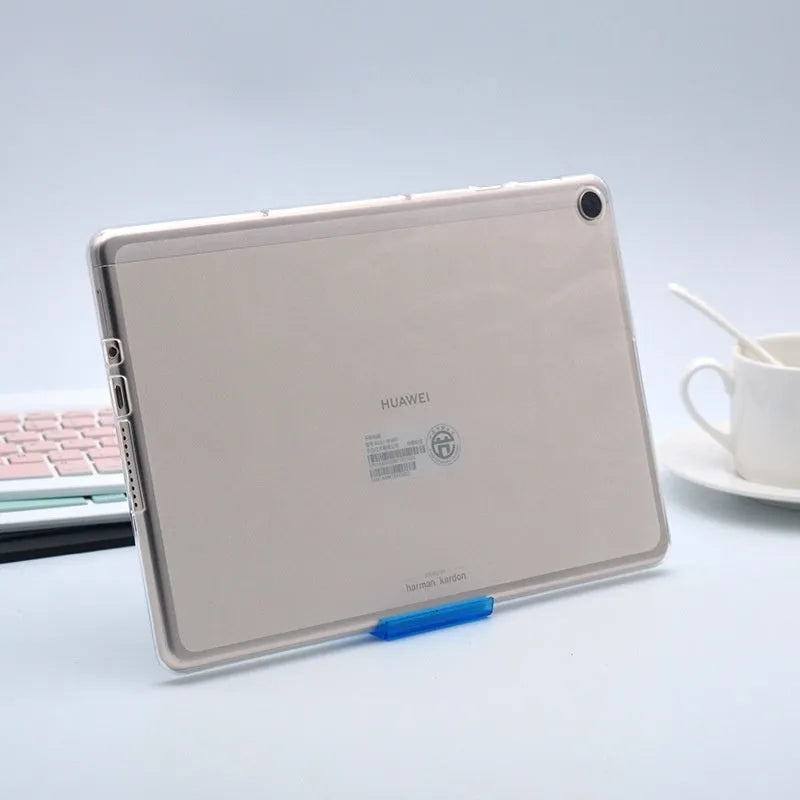 Clear transparent white ultra-thin silicone protective case for a tablet on a white background.