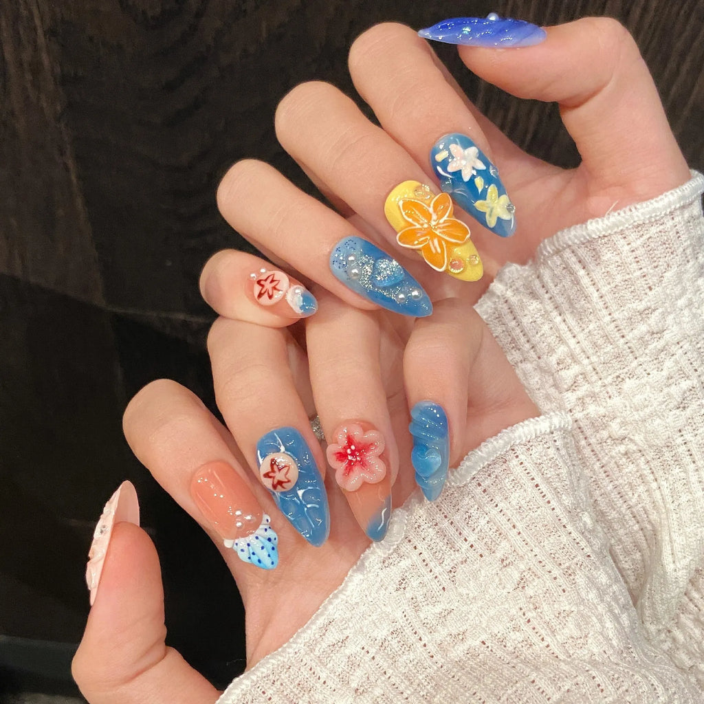 Three-dimensional carved jellyfish design plastic wearable armour set in almond nail colour