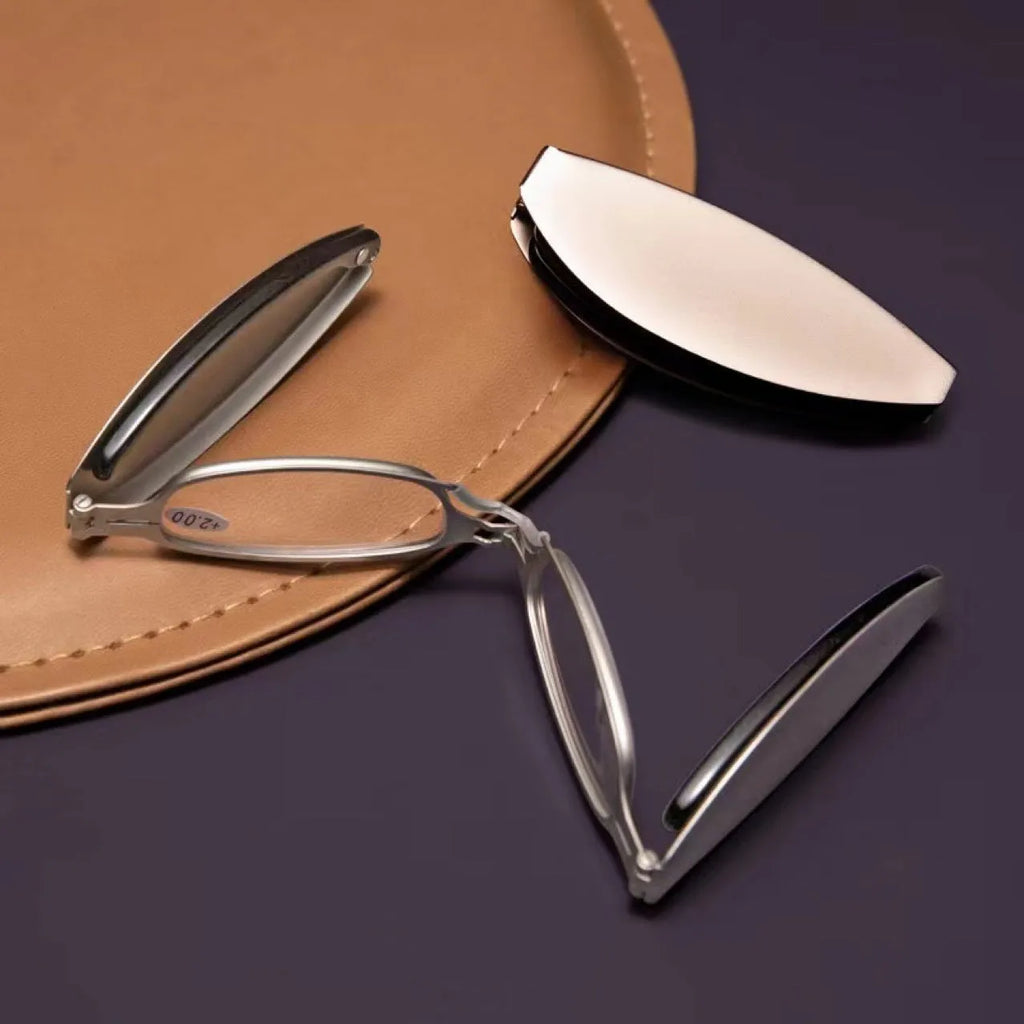 Folding retro-style presbyopic glasses for men in black frame, shown open and folded.