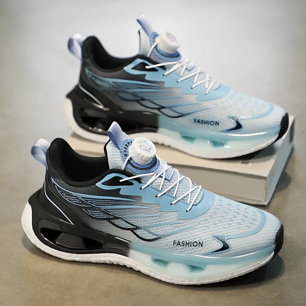 Men's low-top casual sneaker in light blue mesh with a round toe and flat rubber sole.