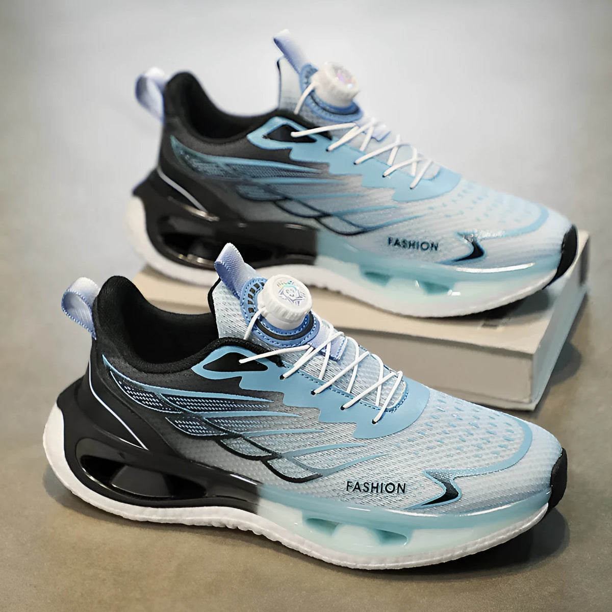 Men's low-top casual sneaker in light blue mesh with a round toe and flat rubber sole.