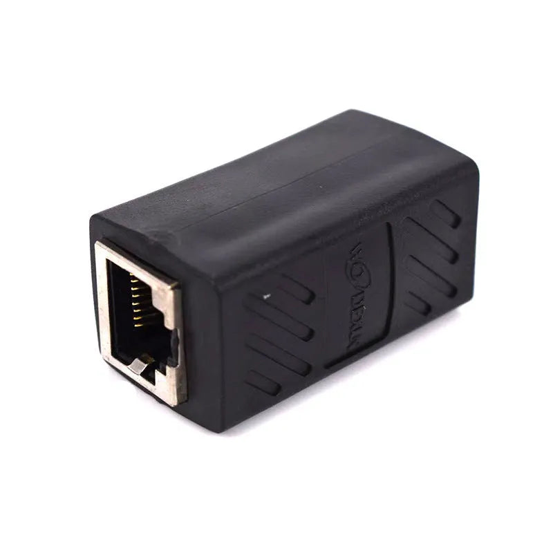 Black RJ45 network cable extender adapter for connecting two Ethernet cables