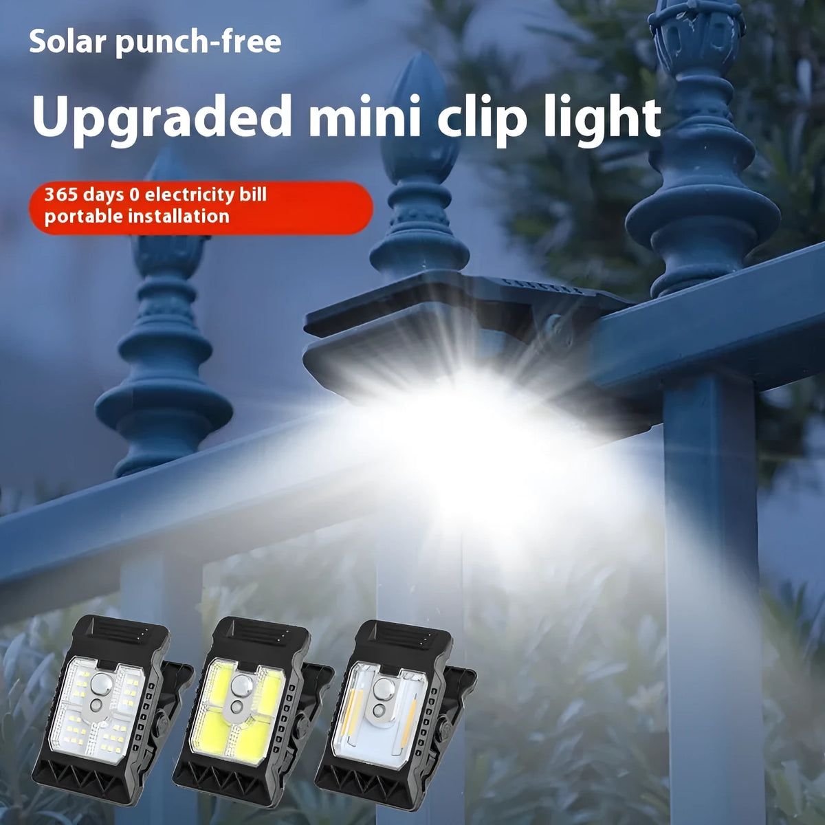 Compact white ABS clip lamp with motion sensor, shown clipped to a shelf edge