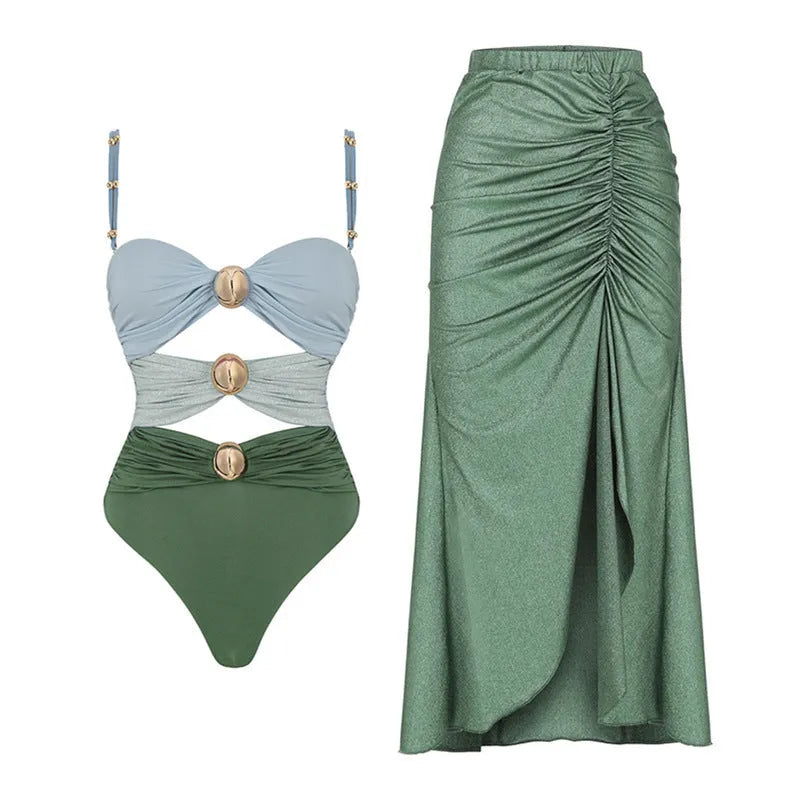 Women's high waist swimsuit available as green one-piece or yellow split bikini with S M L XL sizing