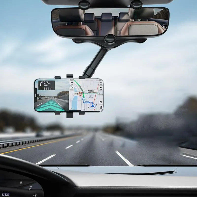 Black rearview mirror phone holder with telescopic arm and four-claw phone grip mounted on a car mirror