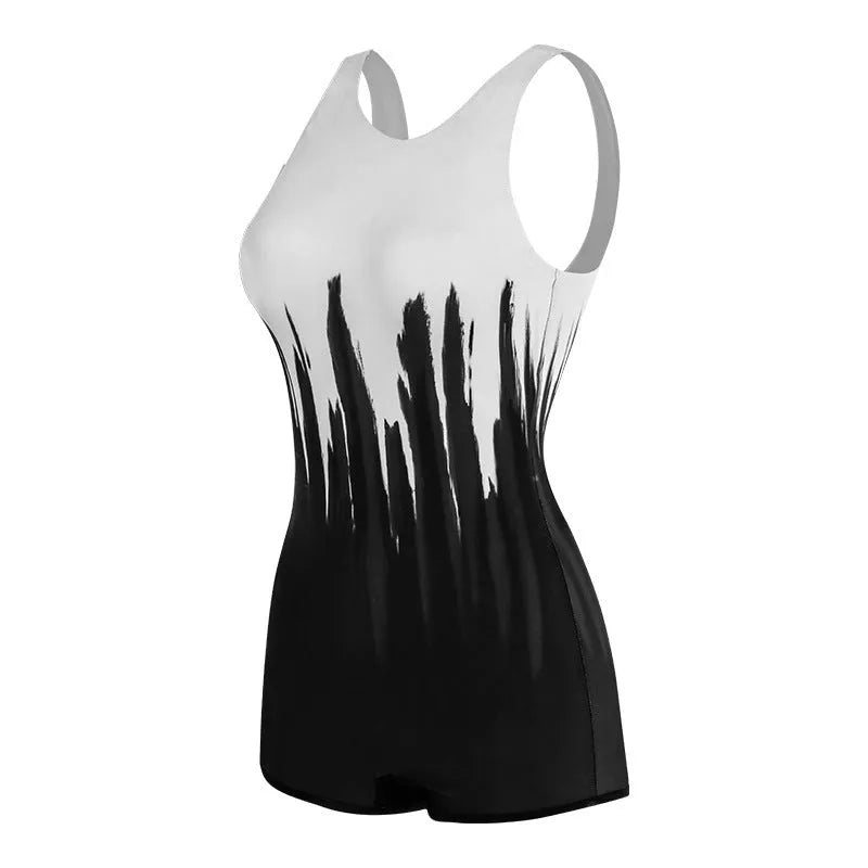 Black conservative sports one-piece swimsuit with printing pattern for swimming activities