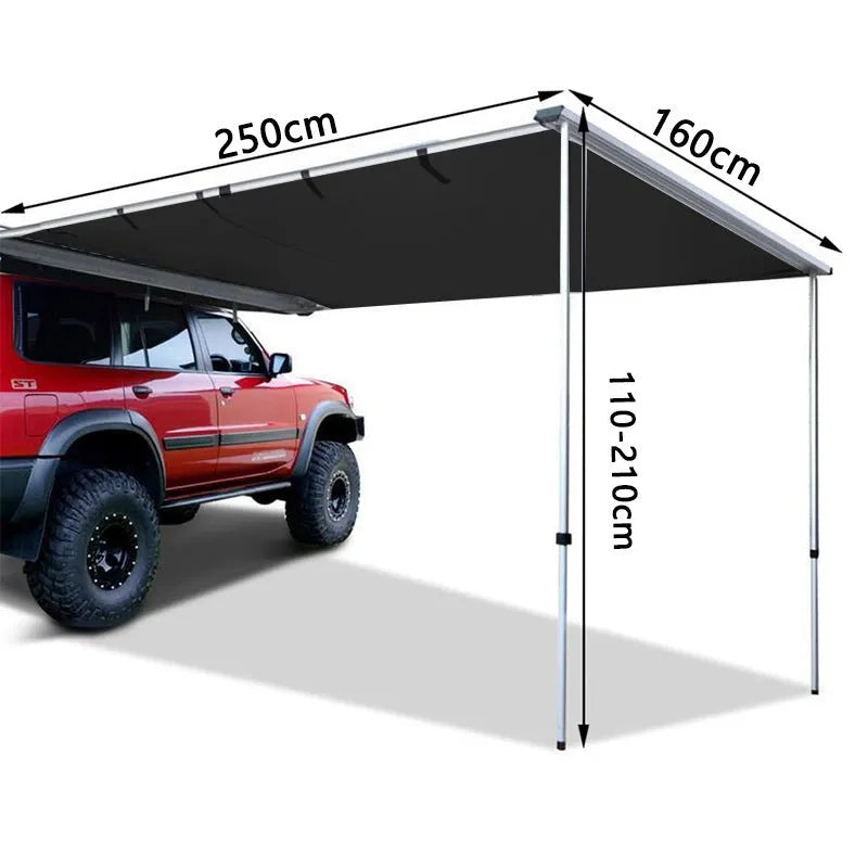 Black two-bedroom camping tent with aluminium alloy poles and Oxford cloth base erected outdoors.
