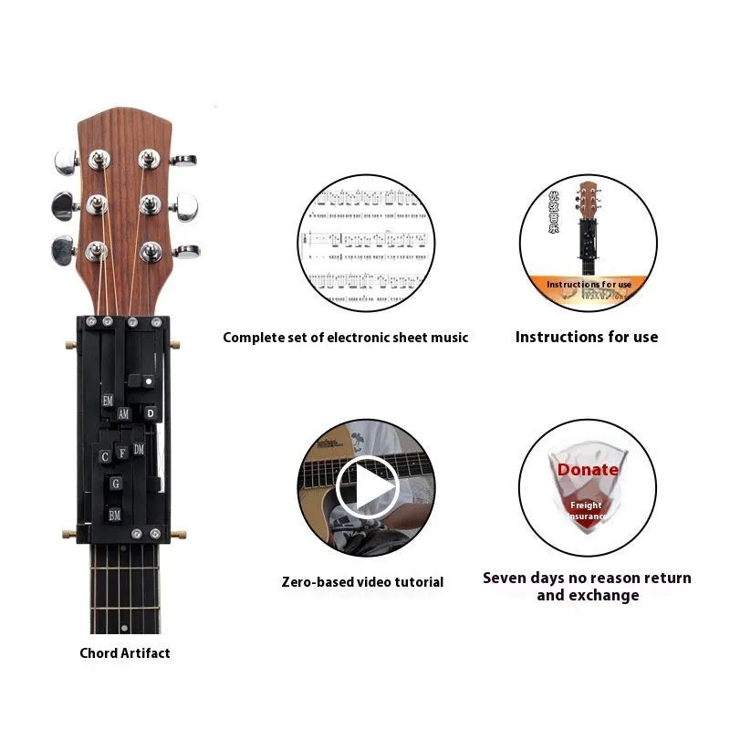 Black automatic guitar chord device for folk playing practice with double chord functionality