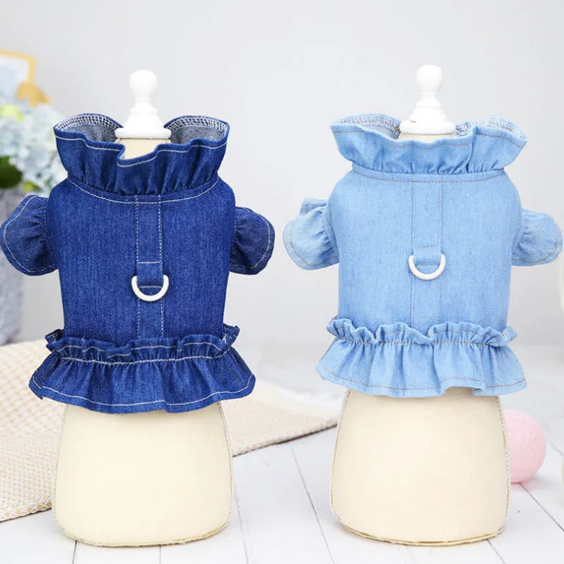 Denim pet dress with ruffles vest design and leash hooks for dogs and cats in blue