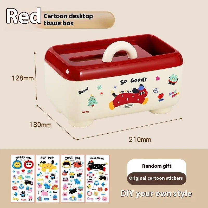 Cartoon-style plastic desktop organiser with grid compartments and labelling stickers for stationery storage