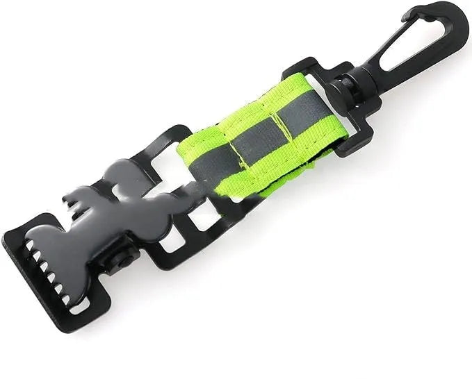 Fluorescent green metal buckle clamp for fireman gloves with reflective details.