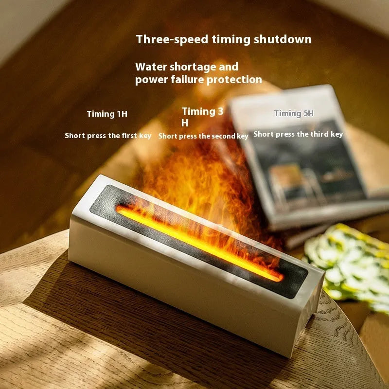 Square USB aromatherapy diffuser with colourful simulated flame effect and humidification function
