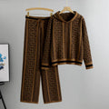 Women's hooded knitted sweater and wide leg pants suit in viscose fibre with letter pattern, shown in khaki, black, rose red or brown.