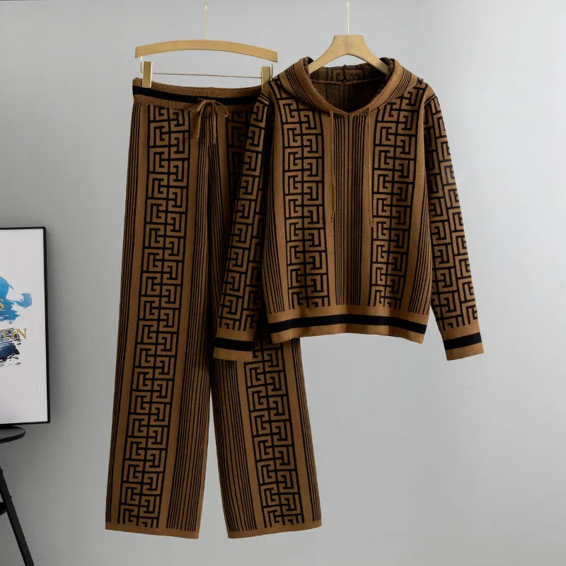 Women's hooded knitted sweater and wide leg pants suit in viscose fibre with letter pattern, shown in khaki, black, rose red or brown.