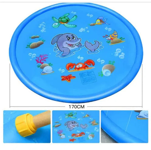 Blue PVC children's water spray mat with marine animal print measuring 100cm by 170cm